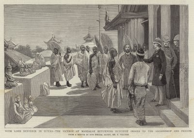 With Lord Dufferin in Burma, the Viceroy at Mandalay returning Buddhist Images to the Archbishop and Priests by Frederic Villiers